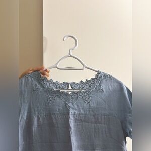 🌿 Elegant Blue Linen Dress with Intricate Neckline 🌿